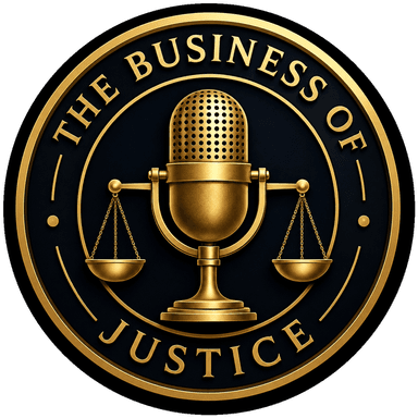 The Business of Justice logo — a gold microphone balancing the scales of justice